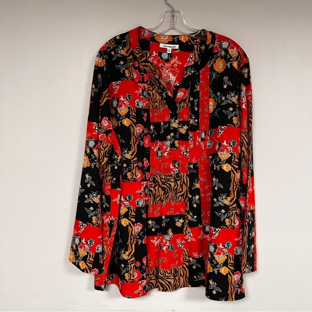 Serengeti Beautiful Graphic Patchwork Tiny Front Pleats Top/ Tunic. 1X, NWT
